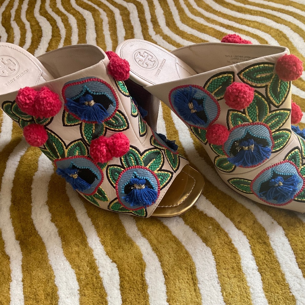Tory Burch - Ellis PomPom Embroidered Mules